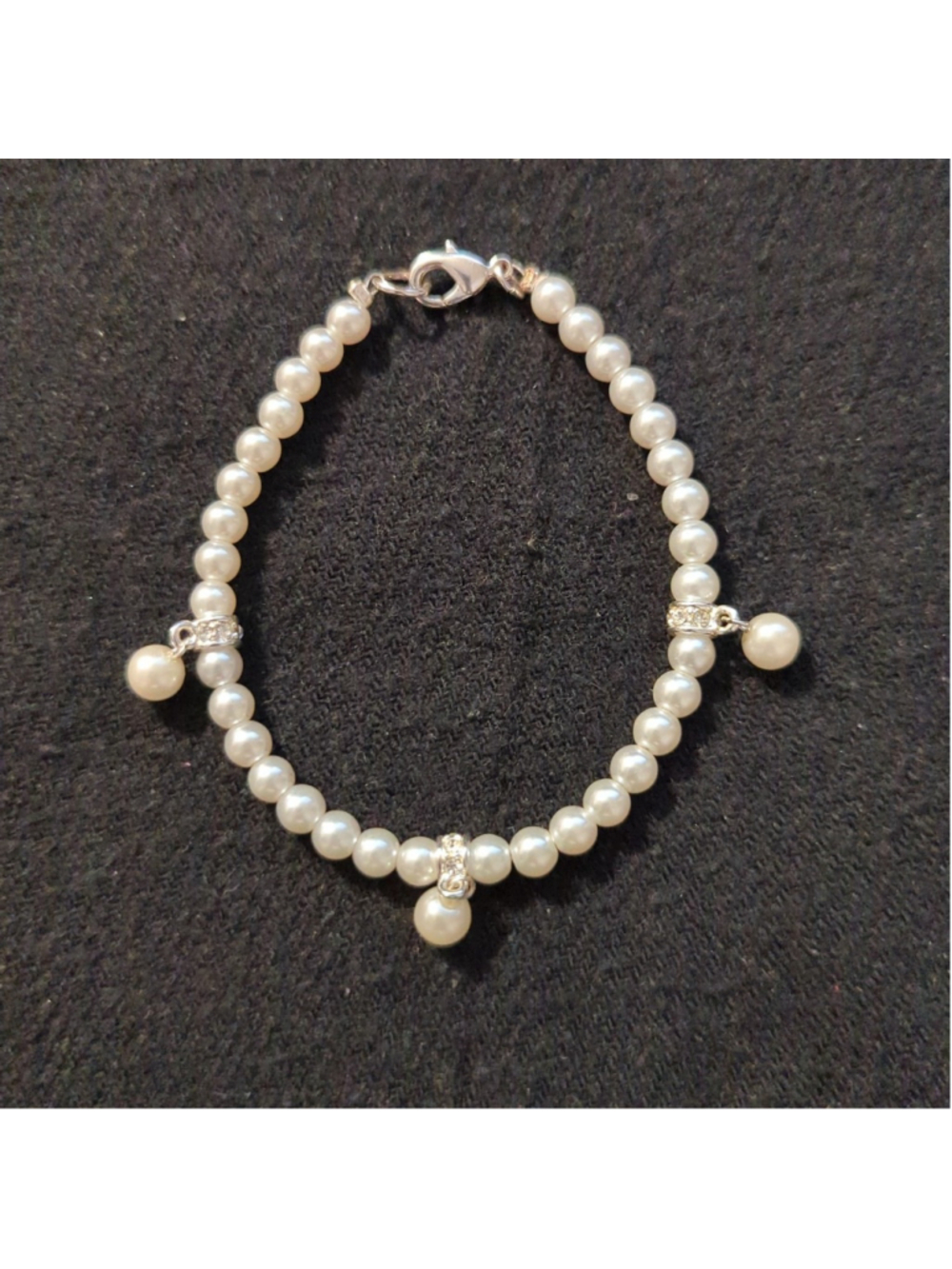 Silver Tone White Faux Pearl Beaded Charm Dainty Delicate Statement Bracelet